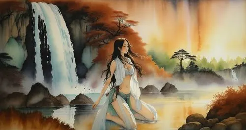 beautiful lady swimming, long hair , white vest in the water, wide view with waterfalls and green forest abanding,a painting of a woman in a white dress standing in water,indigenous painting,mahadev,a