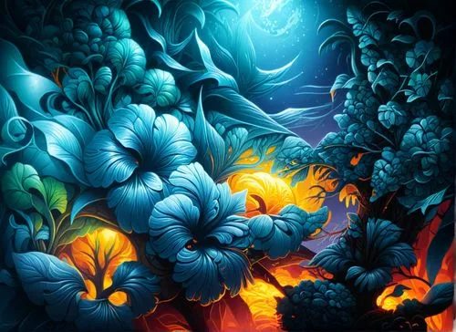 this is an image of an abstract painting,mushroom landscape,volcanic landscape,blue caves,lava,the blue caves,lava river,Illustration,Realistic Fantasy,Realistic Fantasy 25