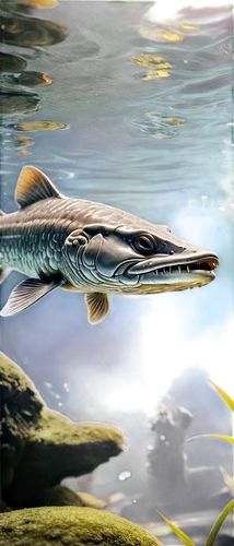 Sturgeon, freshwater fish, ancient species, armored plates, whisker-like barbels, grayish-brown scales, white belly, sharp snout, large size, swimming pose, aquatic plants surrounding, sunlight filter