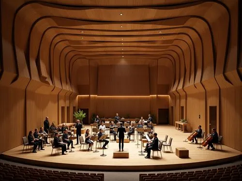 Curved concert hall, undulating wooden walls, fluid organic forms, natural materials palette, earthy tones, warm ambient lighting, intimate performance space, acoustic paneling, sound-absorbing textil