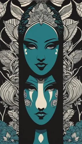 Design Pattern,a woman with two faces, one of them surrounded by flowers,duenas,leota,diwata,ukiyoe,molas,dieckmann,fornasetti,hamsa,flora,samsara,gemini,art deco woman,companias,aquarius,boho art,bru