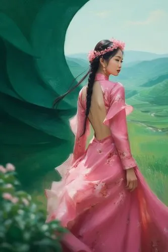 an elegant asian lady, wearing a pink cherry backless flowy dress, the background of beautiful deep emerald terraced fields,a young woman dressed in a pink gown posing on grass with a beautiful landsc