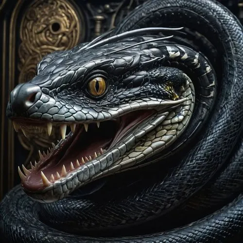 A genetically engineered hybrid creature, with the head of a dog and the body of a snake, highly detailed and realistic painting by HR Giger, sharp edges and intricate details, (long shot), studio lig