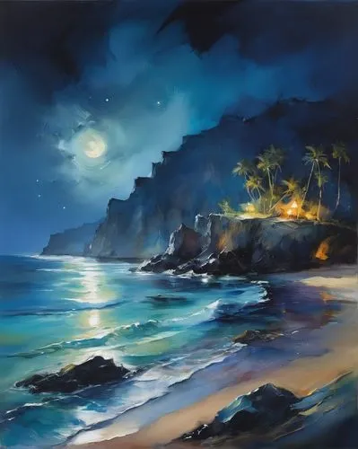 coastal landscape,night scene,beach landscape,moonlit night,seascape,sea landscape,Illustration,Paper based,Paper Based 11