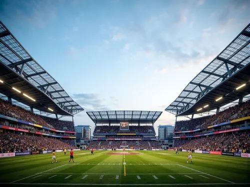 Modern football stadium, sleek metal framework, cantilevered roofs, transparent polycarbonate panels, vast open spaces, tiered seating areas, vibrant team colors, dynamic LED lighting, lush green gras