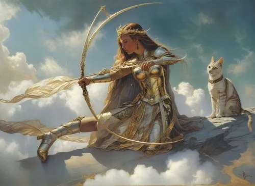 a beautiful woman with a cat on top of the clouds,warrior woman,shepherdess,thingol,noldor,wind warrior,elenore,Illustration,Realistic Fantasy,Realistic Fantasy 03