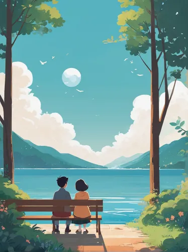 park bench,bench,wooden bench,benches,summer day,summer evening,idyll,picnic,lakeside,romantic scene,landscape background,outdoor bench,peaceful,studio ghibli,idyllic,calming,picnic table,scenery,travelers,summer background,Illustration,Japanese style,Japanese Style 06