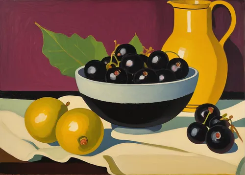 Write a descriptive paragraph about the rich and tangy flavor of black currant.,summer still-life,still-life,still life with onions,black berries,still life,cherries in a bowl,fruit bowl,still life of