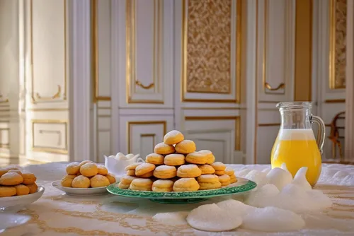 magnificent view (masterpiece) for a table placed on it a jar and some plates full of white cookies (cookies covered with sugar powder), (vivid color), setting in a classic room,marzipan balls,loukoum