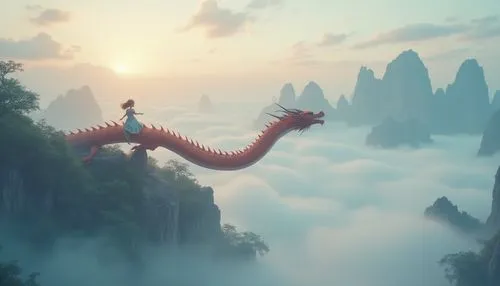 small girl riding a chinese dragon through the clouds above a chinese mountain landscape, real fantasy movie style, render cinematic realistic style, best quality, ultra detail, 8K resolution.,a woman