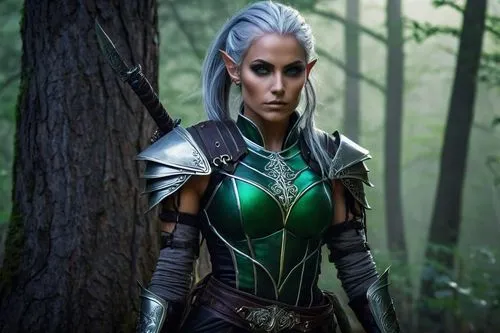 Female dark elf warrior, solo, (250yo), athletic build, muscular arms, toned legs, pointed ears, piercing emerald green eyes, intricate tattoos on face and arms, silver hair in a ponytail, leather arm