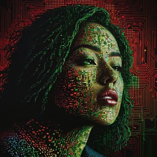 The image is a stunning reminder of the enigmatic nature of electronic technology. The image is set against a backdrop of deep red and green, surrounded by a variety of colorful pixels. The image is i