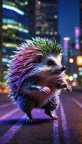 Purple, anthropomorphic hedgehog, solo, dynamic pose, shiny purple fur, green eyes, white gloves, red shoes, energetic expression, running, jumping, action lines, cityscape, skyscraper, neon lights, n