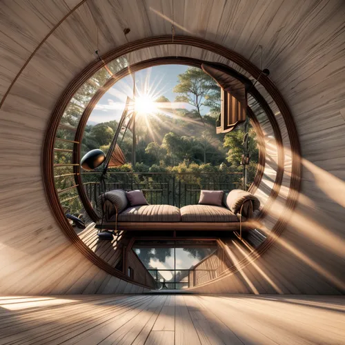 round window,hobbiton,tree house hotel,round hut,round house,wood doghouse,wood window,porthole,tree house,wooden windows,inverted cottage,wooden sauna,parabolic mirror,wood mirror,daylighting,wooden beams,attic,roof domes,sun burning wood,mirror house