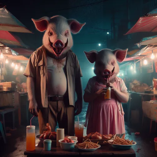 digital compositing,swine,lucky pig,pig roast,pig's trotters,barnyard,diner,animal film,cannibals,kids' meal,hunger,pigs,butcher shop,anthropomorphized animals,pig's feet,fast food restaurant,appetite,commercial,teacup pigs,kawaii pig