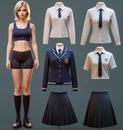 Paper dolls British 16 year old schoolgirl in black sleeveless shirt ,black tight fit spandex shorts with black sock and black shoe standing surrounded by with a set of British school uniform, white d