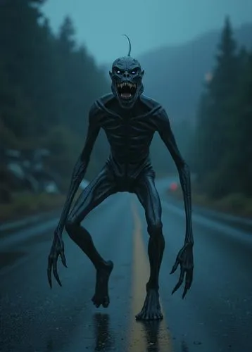 32k photo-realistic, high definition, hyper-realistic image of a creature that seems to have crawled out of a nightmare. It has a human-like form but with grotesque distortions: elongated limbs, a mou