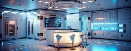 a very futuristic looking room with a bar in it,spaceship interior,ufo interior,sickbay,hallway space,electrohome,spacelab,Photography,General,Sci-Fi