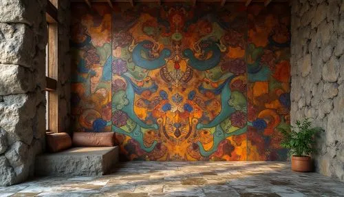 wall painting,murals,carved wall,molas,huichol,wall decoration,degrazia,wall panel,entryway,rangoli,interior decor,floral rangoli,patterned wood decoration,fresco,mihrab,grotto,entranceway,painted block wall,bronze wall,terracotta tiles,Photography,General,Realistic