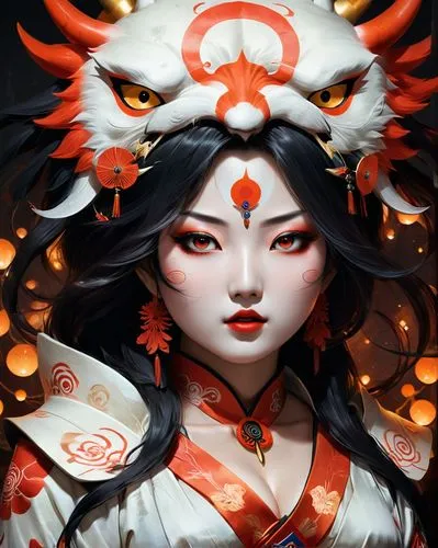 amaterasu,oiran,kitsune,qingyi,yamantaka,okami,nezha,tomoe,geisha,yongmei,puxi,momiji,diaochan,sunzha,oriental princess,geiko,kuanyin,flame spirit,geisha girl,kazumi,Conceptual Art,Fantasy,Fantasy 34