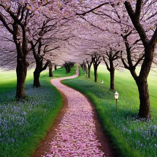 tree lined path,cherry blossom tree-lined avenue,sakura trees,tree lined lane,walking in a spring,pathway,japanese cherry trees,cherry trees,magnolia trees,japanese sakura background,nature wallpaper,sakura tree,forest path,blooming trees,keukenhof,tree lined avenue,purple landscape,spring nature,cherry blossom tree,spring background,Illustration,Paper based,Paper Based 21