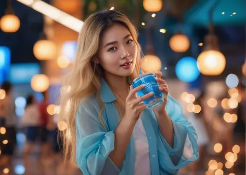 mujer asiatica rubia con ojos azules bebiendo un refresco ,bluebottle,background bokeh,uji,blonde girl with christmas gift,sip,bokeh effect,neon light drinks,pocari sweat,holding cup,blue background,b