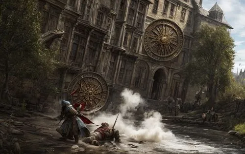 dragon slayer strikes ,3d archery,medieval,digital compositing,witcher,notre dame,fantasy picture,notredame de paris,crossbow,archery,3d fantasy,ruin,hall of the fallen,game illustration,castle of the