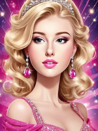 Beautiful blonde lady made to look like a Barbie doll for a party. Cerise dress. Tiara. Blinging jewellery. Sparkles. Artistic. Abstract background. Hollywood style.,a barbie wearing a tiara with pear