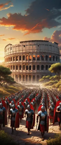 Roman legionaries in battle formation, heavy armor, red cloaks, galea helmets, scutum shields, gladius swords, pilum javelins, disciplined, marching, ancient Roman architecture, Colosseum, marble colu