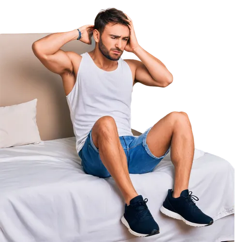 Muscular man, tired expression, sweat on forehead, messy brown hair, strong jawline, stubble beard, white tank top, ripped jeans, athletic shoes, sitting on bed, exhausted pose, one hand holding head,