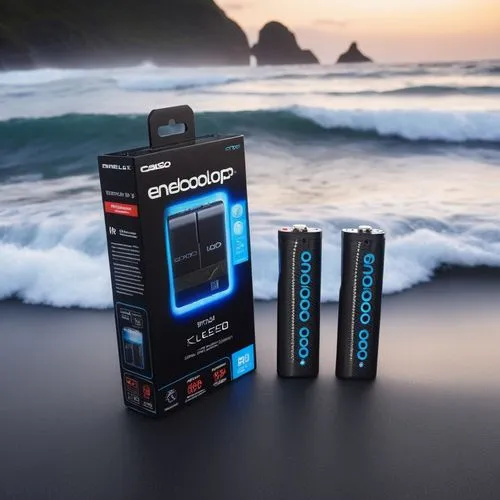 a eneloop battery in a black sand with  killer wave ocean on the background with lightning effect

,three batteries sitting next to each other on a table near water,nanopores,battery rocks,rechargeabl