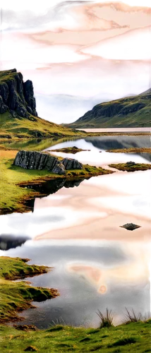 Rugged highland landscape, misty mountains, rolling hills, green grass, rocky outcrops, ancient Celtic ruins, mysterious loch, serene lake reflection, dramatic cloudy sky, warm golden light, panoramic