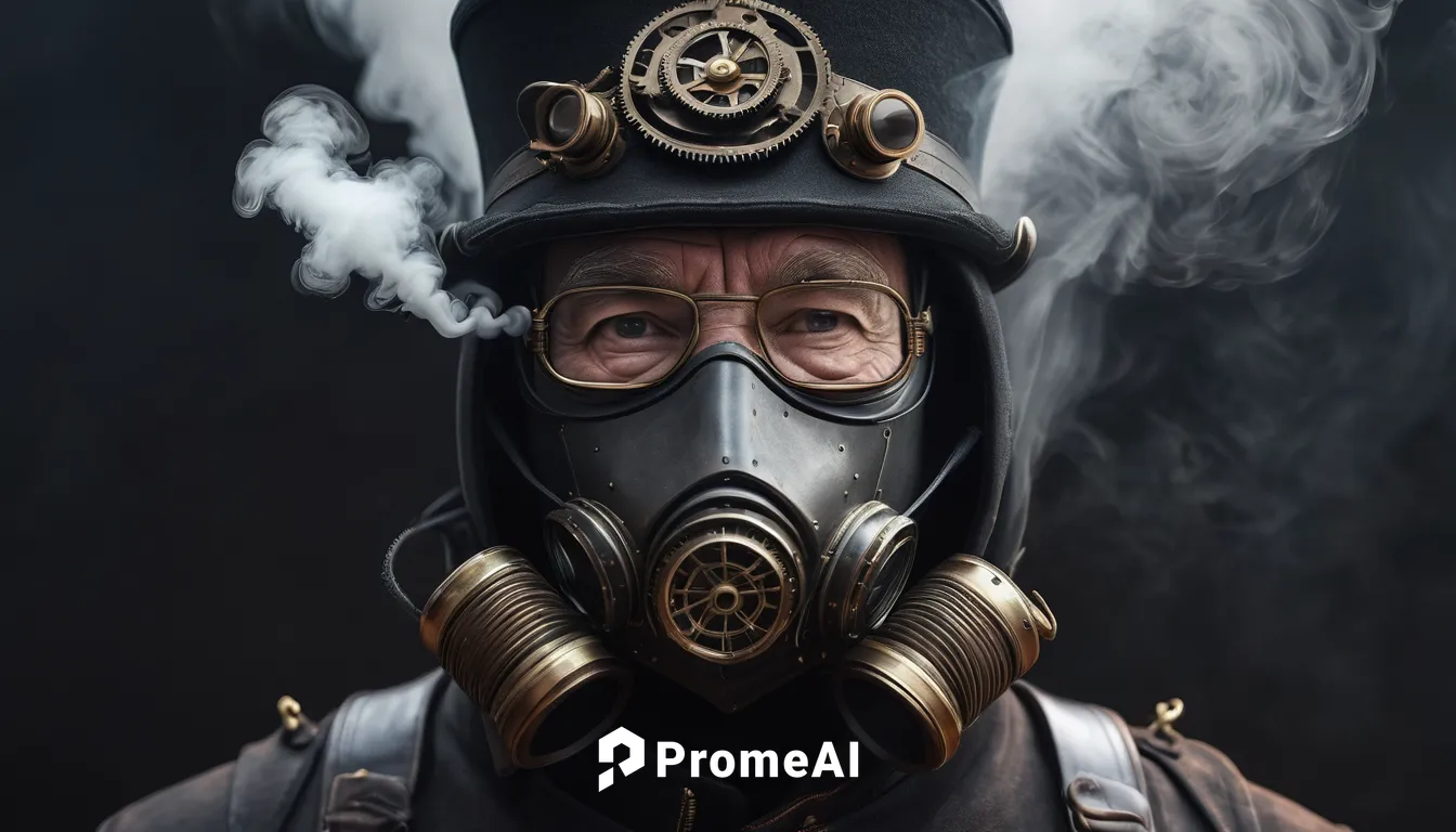 Face of Robin Williams, Steampunk Ninja, aesthetic, perfect anatomy, cinematic, frost, smoke,respirator,respirators,gas mask,smoke background,beekeeper's smoker,pollution mask,poison gas,steampunk,pyr