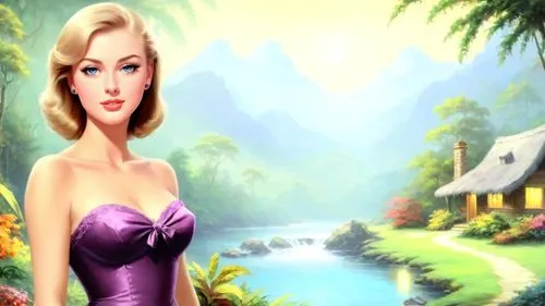 dark saturated colors, Romantic masterpiece oil painting, beautiful girl portrait, nostalgic 1950's style kitsch, vibrant rainforest landscape, lush tropical jungle paradise, beautiful natural scenery