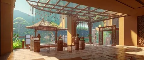 balinese museum interior,japanese-style room,ryokan,asian architecture,studio ghibli,watercolor tea shop,chinese temple,japanese shrine,bamboo curtain,japanese restaurant,chinese screen,bamboo plants,