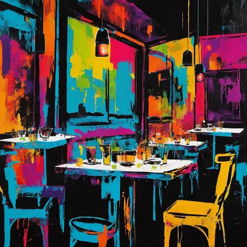 bistrot,bistro,neon drinks,neon coffee,new york restaurant,fine dining restaurant,paris cafe,a restaurant,diner,pop art colors,watercolor cafe,saturated colors,restaurants,background colorful,color wall,black table,dining,neon cocktails,cool pop art,colorful background,Art,Artistic Painting,Artistic Painting 42