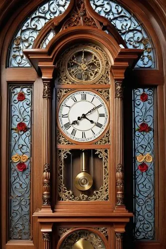 Grandfather clock, intricate carvings, golden roman numerals, ornate details, Gothic style, stone walls, medieval setting, dimly lit, mysterious ambiance, warm candlelight, wooden floor, Baroque patte