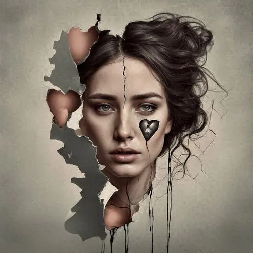 photo manipulation,broken-heart,photomanipulation,photoshop manipulation,puzzle pieces,fantasy portrait,painted hearts,digital art,dark art,gothic portrait,mystical portrait of a girl,girl portrait,dark portrait,broken heart,crying heart,digital artwork,decay,shattered,sorrow,gemini