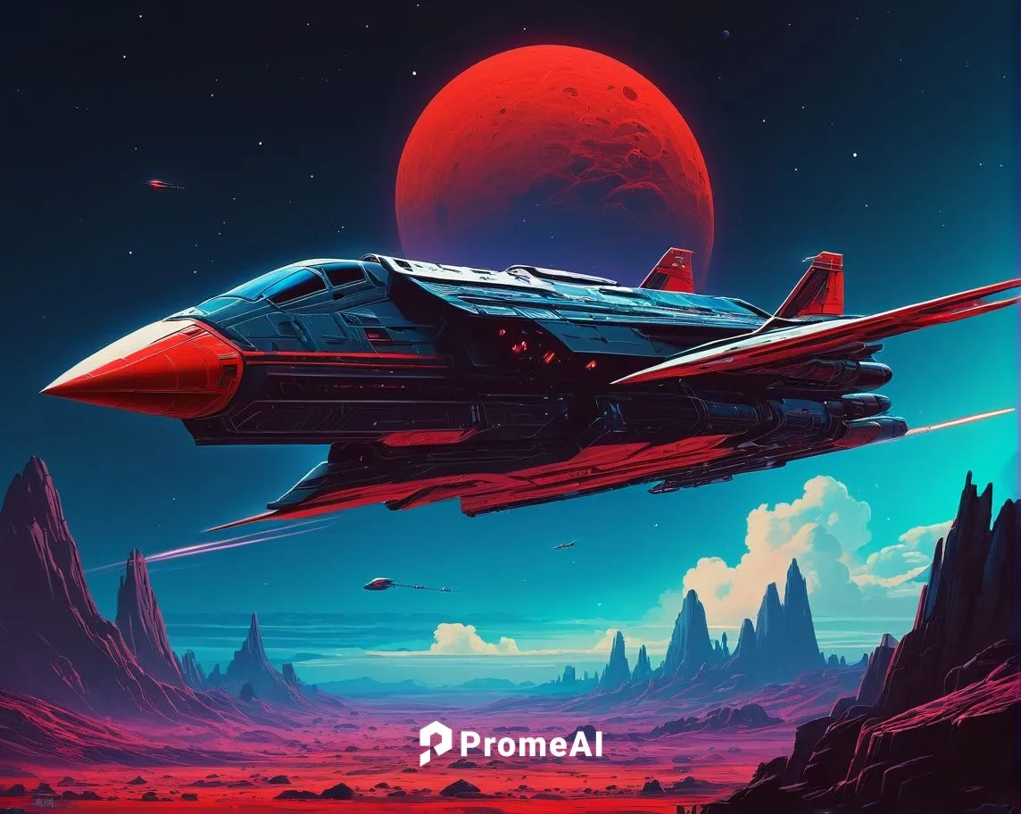 Una batalla aeroespacial. Los colores son rojos y azules. Estilo de dibujo Retro Sci-Fi. Estilo de dibujo Synthwave.,gradius,interceptor,extrasolar,vulcans,rocinante,red planet,planetrx,starship,sci f