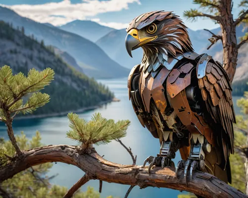 An ancient abandoned robot eagle, rusted onto the branch of a tree in an American national park near a great lake, mountainous background,mountain hawk eagle,harris hawk,golden eagle,mongolian eagle,s