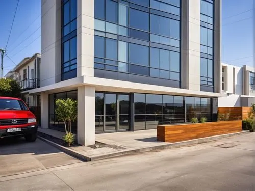 glass facade,the red van is parked in front of a very tall building,penthouses,multifamily,fire and ambulance services academy,resourcehouse,lutwyche,leaseback,Photography,General,Realistic