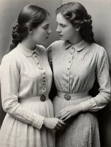 A serious and intimate friendship between two young women around 1910, now kissing passionately.,two ladies stand together with their faces close to each other,edwardians,handmaidens,two girls,young w