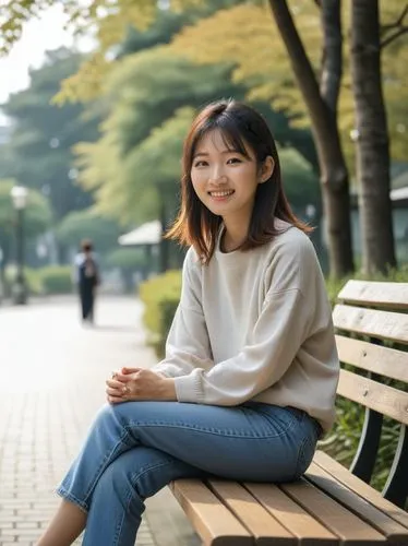 young japanese woman sits on a bench,a young asian woman sits on a bench,koreana,girl sitting,kaori,soghanalian,kaist,korea