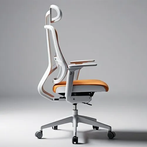 This product is a chair. Please make a picture of a person sitting here.,a white and orange office chair on an airy grey background,new concept arms chair,office chair,chair png,maletti,steelcase,cine