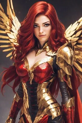 Realistic photo of a model with bold, dramatic makeup, smoky eyes, and red lips.,a woman in a costume that looks like a queen,uniphoenix,zauriel,fire angel,huiraatira,angelfire,flamebird,Digital Art,P