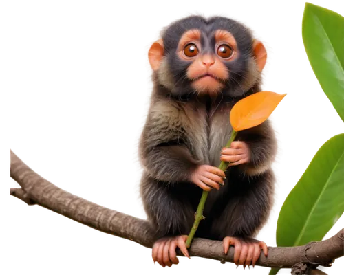 Small marmoset monkey, cute face, big round eyes, fluffy fur, white forehead, orange back, long tail, sitting pose, hands holding branch, tropical leaves background, warm lighting, shallow depth of fi