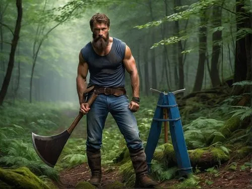 Muscular man, stooping posture, messy brown hair, rugged beard, worn-out denim jeans, black leather belt, scuffed up combat boots, holding a large wooden axe, sweat dripping down forehead, intense gaz