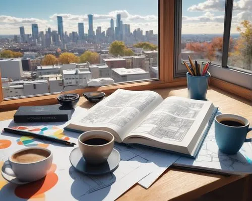 coffee and books,study room,study,photorealism,3d rendering,window sill,tea and books,modern office,office desk,window view,workspace,windowsill,morning light,workspaces,creative office,cryengine,photorealistic,home office,photorealist,beautiful morning view,Illustration,Japanese style,Japanese Style 08