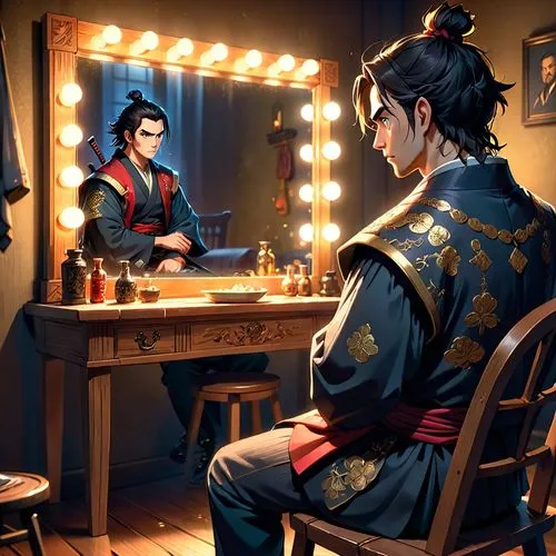 mulan,wuchang,the mirror,yi sun sin,makeup mirror,taiwanese opera,beauty room,in the mirror,shuanghuan noble,self-reflection,magic mirror,mirror reflection,chonmage,peking opera,doll looking in mirror,oil cosmetic,chess player,dressing room,xiangwei,chinese art,Anime,Anime,Cartoon