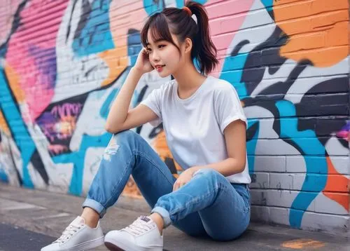 girl sitting,jeans background,phuquy,girl in t-shirt,anime japanese clothing,colorful background,cute clothes,women clothes,asian girl,women fashion,relaxed young girl,isolated t-shirt,portrait background,fashionable girl,girl in a long,woman sitting,white clothing,women's clothing,vietnam vnd,denim background,Conceptual Art,Daily,Daily 21